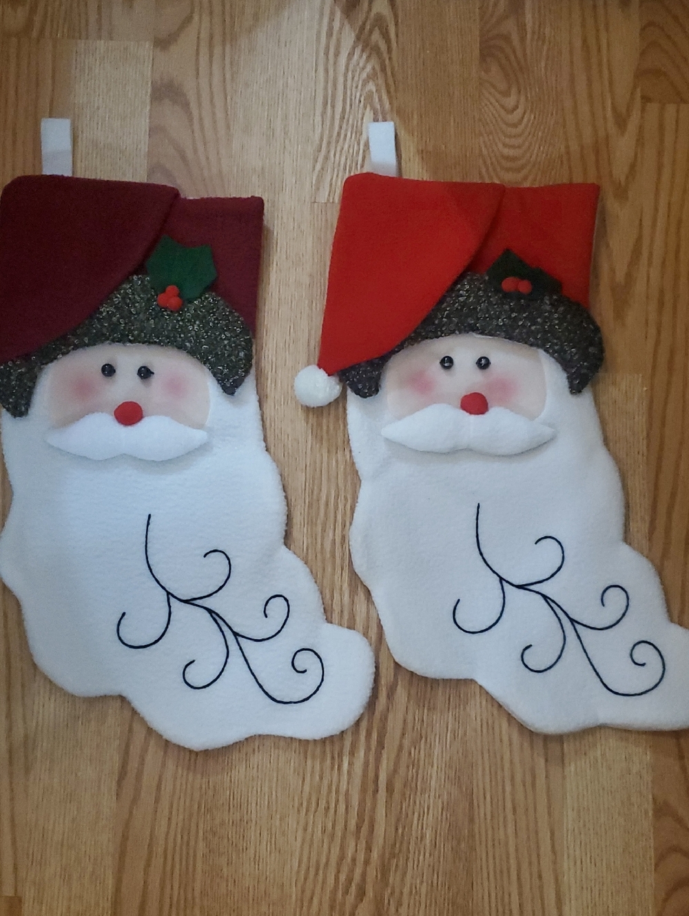Pair of White Santa Christmas Stockings with Red Hats